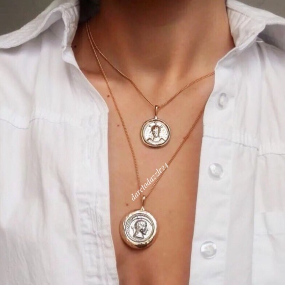Coin Pendant Vintage Double Chain Layered Necklace - Picture 3 of 9